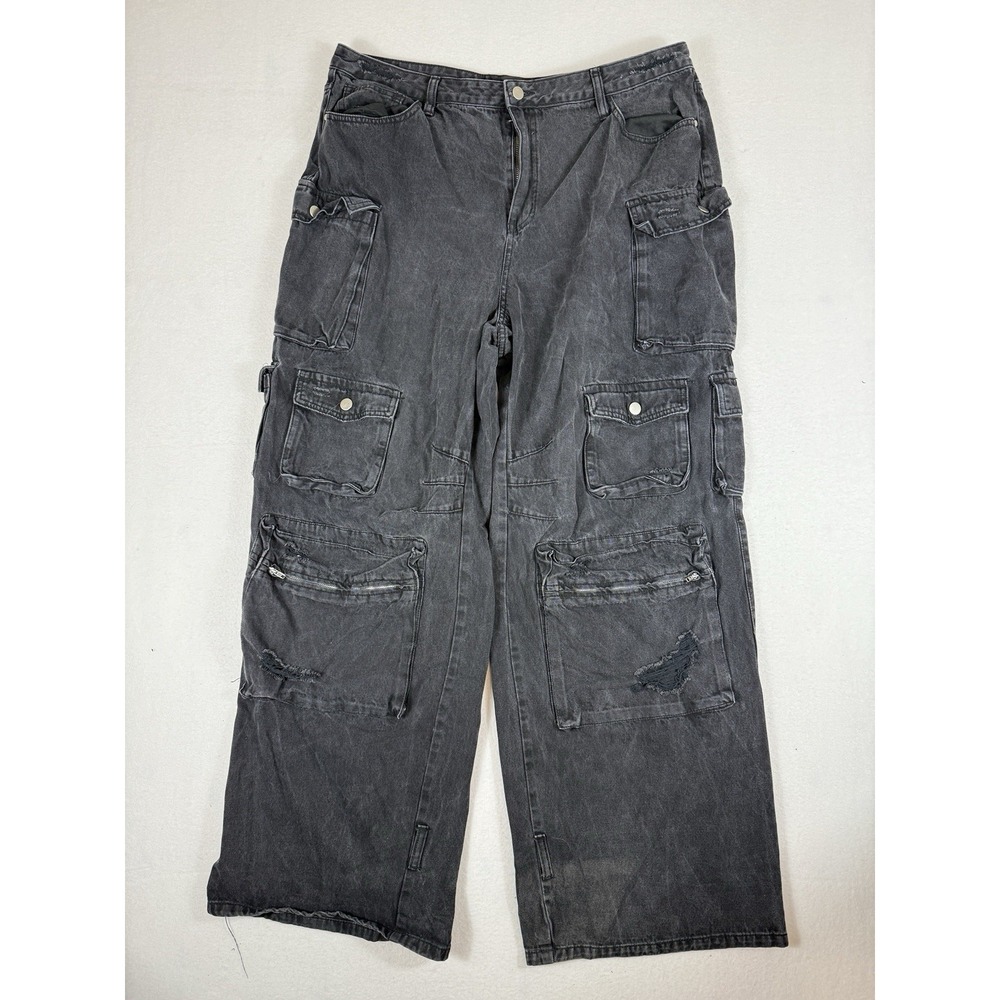 Fashion Nova Womens Multi Pocket Utility Cargo Jeans Black Washed Distressed 16